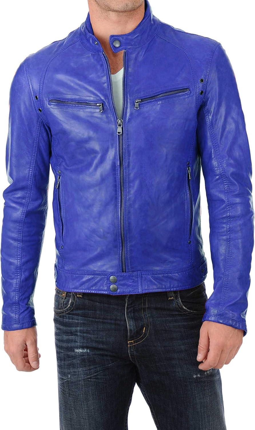 esbaig 男士皮夹克摩托车飞行员机车小羊皮真皮夹克 412, 皇家蓝, x大